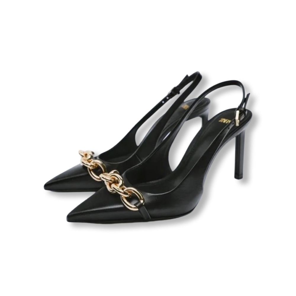 Zara Black Slingback Heel with Gold Buckle